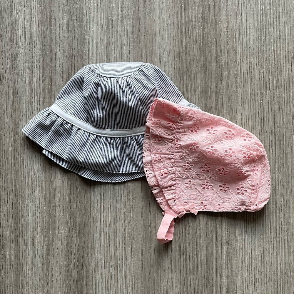 NWT Janie & Jack Striped Bow Bucket Hat & NWOT Eyelet Ruffle Bonnet Pink 12-18M